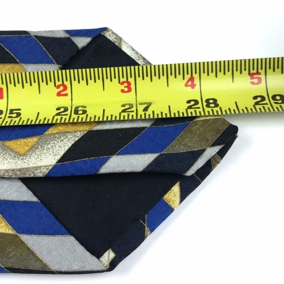 Elegant Striped Zig Zag Abstract Black Blue Yellow Gray 100% Silk Necktie ITALY - Picture 9 of 10